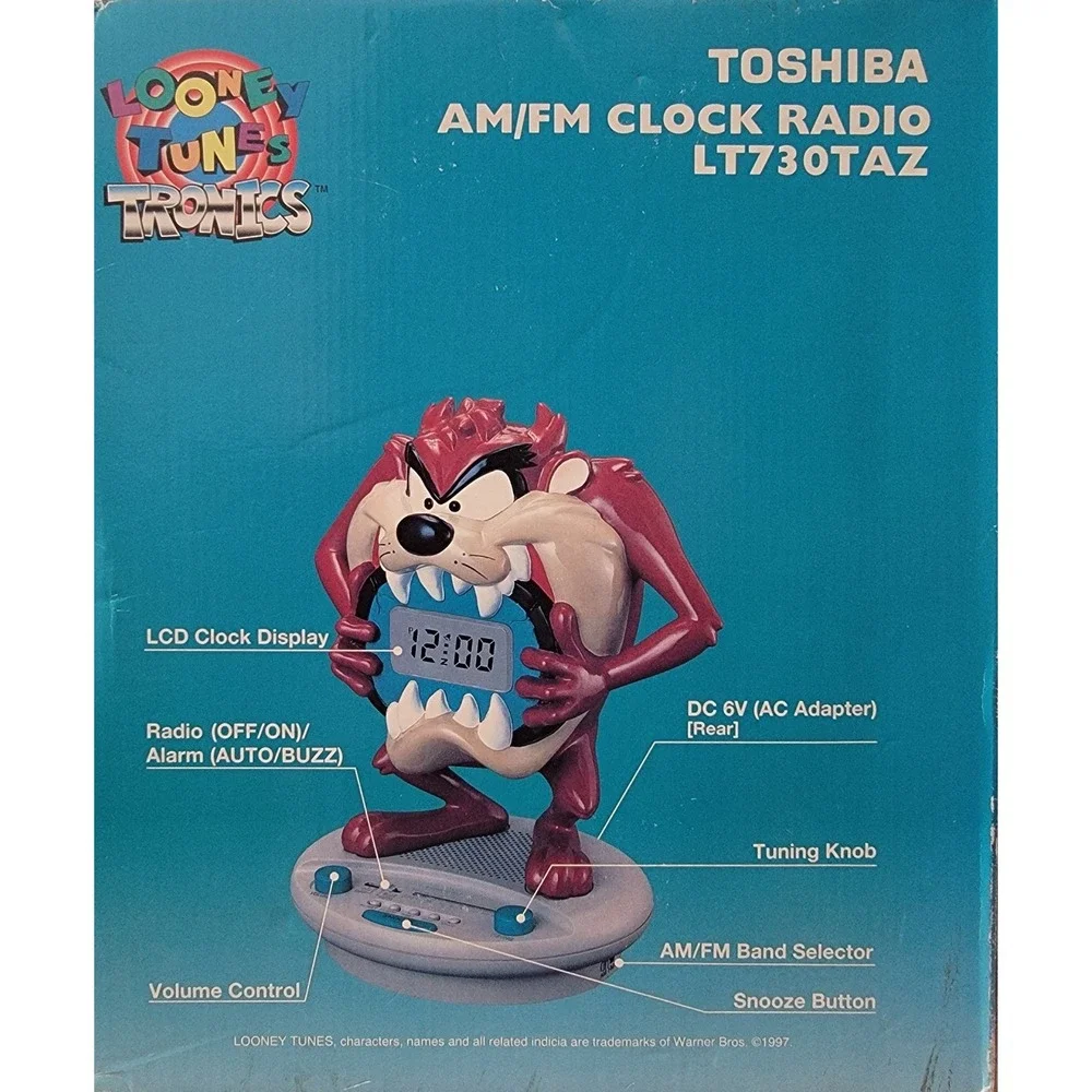 1997 Taz Tazmanian Devil Looney AM/FM Radio Toshiba Alarm Clock Retro New